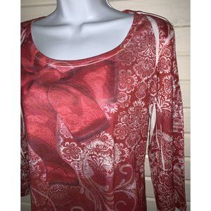 One World Sz PETITES LARGE PL Tunic Boho Red Scroll Floral Bow  3/4 Sleeves EUC